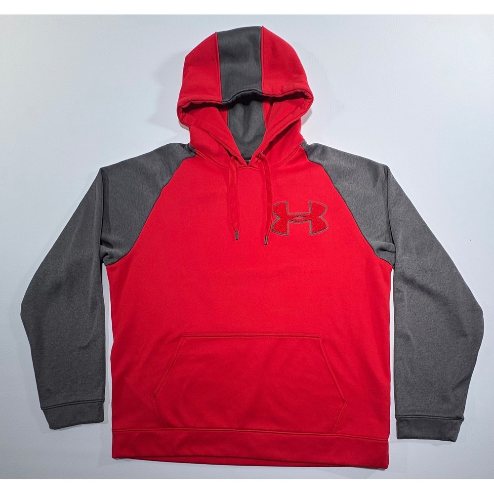 Under Armour Hoodie Mens XL Red Gray Raglan Fleece Pullover Sweatshirt Logo